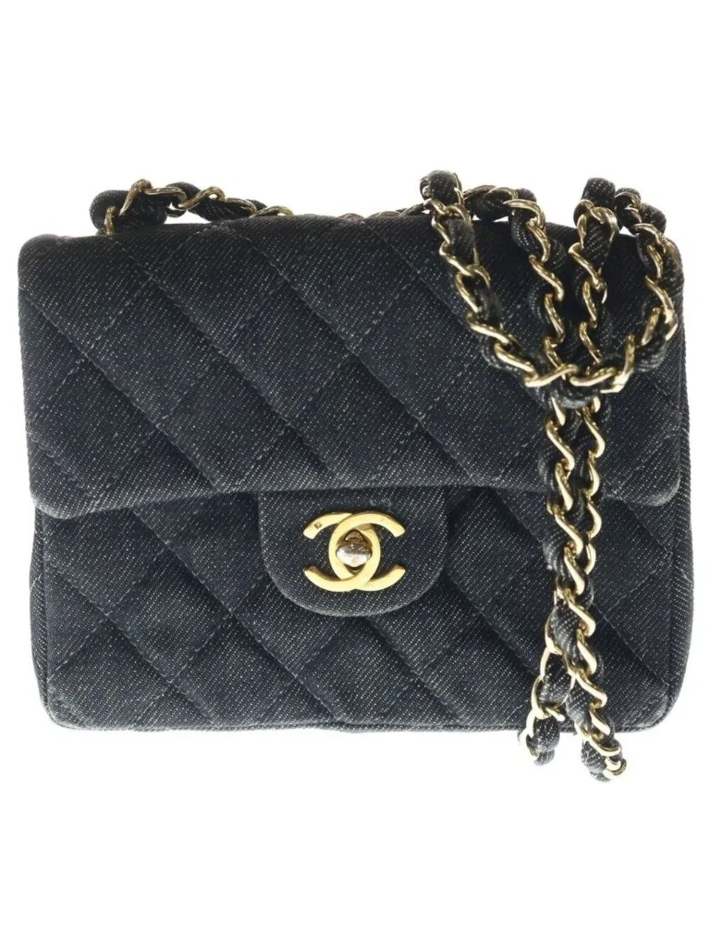 Chanel Mini Quilted 17 Chain Shoulder Mini Bag Black Denim Gold